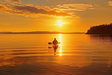 Naklejka na ściany i meble A tranquil and golden sunset kayaking experience. Generative AI