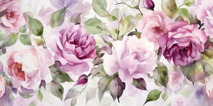 watercolor rose and green leaves floral background Generative AI