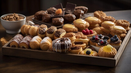 A tray of delectable bite-sized pastries, including mini tarts, eclairs, and cream puffs
