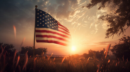 American Celebration - Usa Flag And Fireworks At Sunset  - obrazy, fototapety, plakaty
