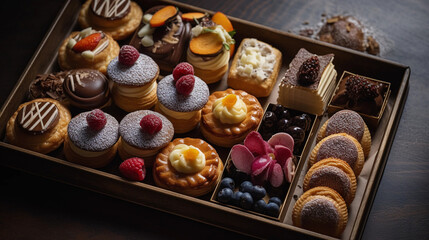 Fototapeta na wymiar A tray of delectable bite-sized pastries, including mini tarts, eclairs, and cream puffs