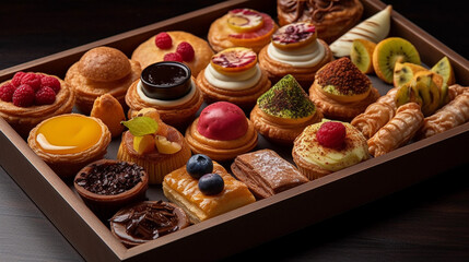 A tray of delectable bite-sized pastries, including mini tarts, eclairs, and cream puffs