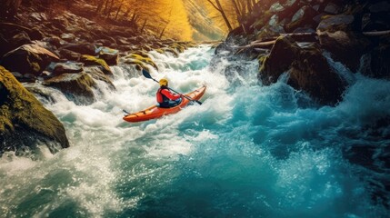 A man kayaking on a fast flowing river among large rocks. Generative AI