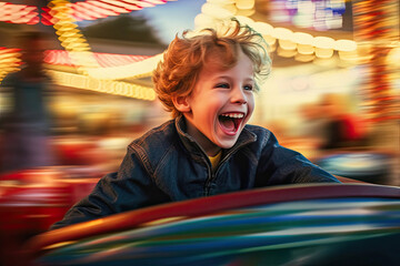 Fototapeta na wymiar Capturing the Excitement: A Boy's Laughter in the Bumper Car Arena. Generative AI
