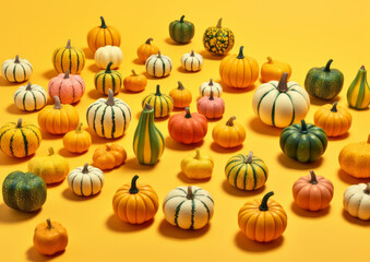 Pumpkins arranged in different color patterns on a pastel yellow background. Thanksgiving holiday concept