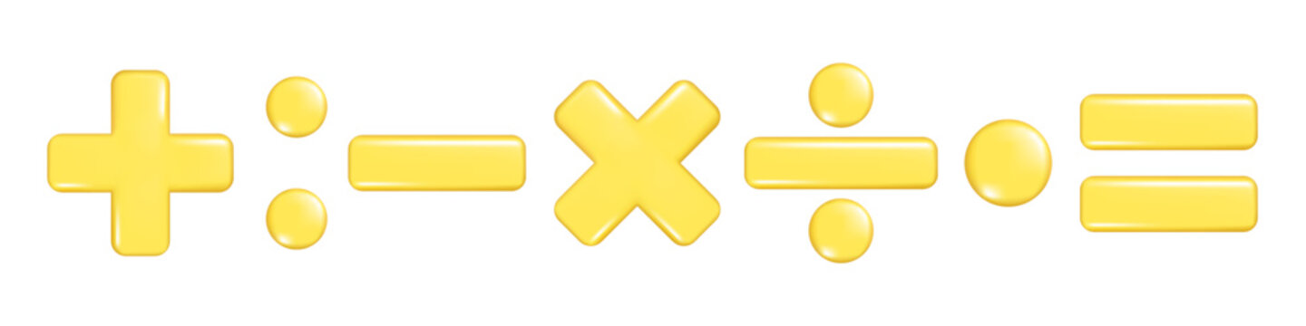 Realistic 3d plus, minus, multiply, division and equal sign. Decorative arithmetic 3d element, education maths icon, mathematical symbol. Abstract vector illustration isolated on white background