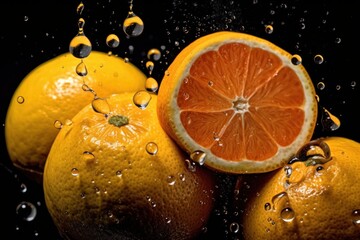 Fototapeta na wymiar Orange with water on black background. Illustration AI Generative.