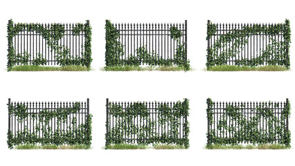 Set of metal fences with ivy, photorealistic 3D rendering with transparent background, perfect for...