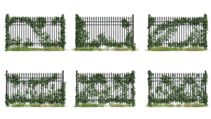 Set of metal fences with ivy, photorealistic 3D rendering with transparent background, perfect for the foreground, digital composition, and architecture visualization

