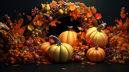 Naklejka na ściany i meble 3D Render of Pumpkins, Autumn Leaves, Berries, generative ai tools