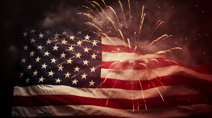 celebratory fireworks on background of american flag at USA independence day - obrazy, fototapety, plakaty
