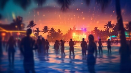Night beach party with blurred dancing crowd of people having fun