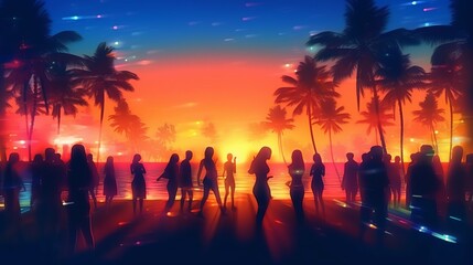 Night beach party with blurred dancing crowd of people having fun