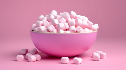 Pink bowl with mini marshmallows in pink background - obrazy, fototapety, plakaty