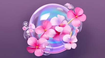 Creative soap bubble concept close up with fresh pink flowers inside