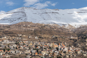 Snow capped mountains overlooking Qadisha valley, Bsharri, Lebanon