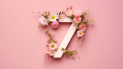 Illustration of a creative number 7, seven, with spring flowers on a pink background