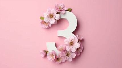 Illustration of a creative number 3, three, with spring flowers on a pink background