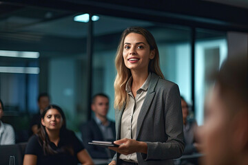 Obraz premium Confident Businesswoman Nails Presentation in Modern Conference Room. Generative AI