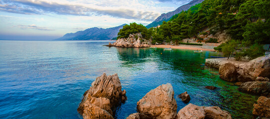 Europe, Croatia, Dalmatia, Makarska riviera, Brela resort, scenic croatian coast... exclusive- this image is sold only on Adobe stock - obrazy, fototapety, plakaty