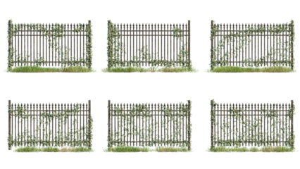 Set of metal fences with ivy, photorealistic 3D rendering with transparent background, perfect for the foreground, digital composition, and architecture visualization
