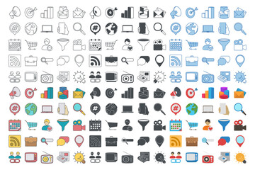 150 marketing vector icons, embodying SEO, digital campaigns, social media, eCommerce, more. Perfect for enhancing your brand's web design and marketing materials
