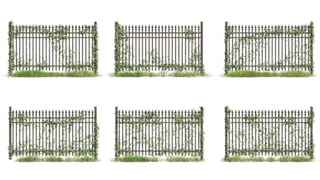 Set of metal fences with ivy, photorealistic 3D rendering with transparent background, perfect for the foreground, digital composition, and architecture visualization
