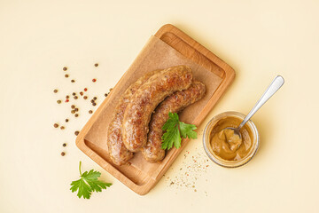 Wooden board of tasty homemade sausages with mustard on yellow background