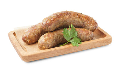 Wooden board of tasty homemade sausages isolated on white background