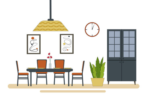 Dining room interior. Furniture - a table and chairs, paintings on the wall, a chandelier and a sideboard with crockery. Vector. For the design of flyers, brochures and furniture stores.
