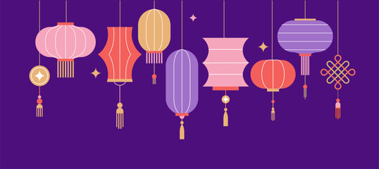 Collection of Chinese Lanterns. Chinese New Year, Mid Autumn Festival background, banner and greeting card. Flat minimalist geometric design © Marina Zlochin