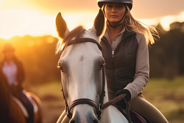 Obraz premium Woman and Horse in the Sunset Glow. Generative AI