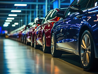 Rows of Freshly Produced Cars. Generative AI