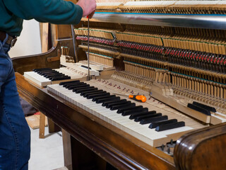 Luthier repairing piano, hands making change of piano strings