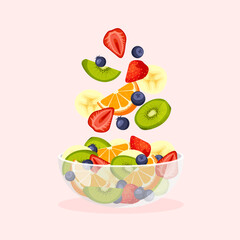 Fruit salad in glass transparent bowl. Banana, orange, strawberry, kiwi are falling in plate. Healthy food. Vector illustration in a trendy flat style