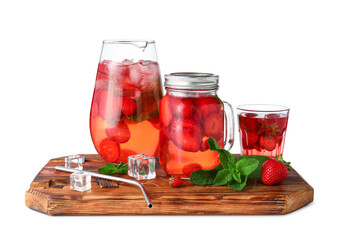 Mason jar and jug of infused water with strawberry on white background