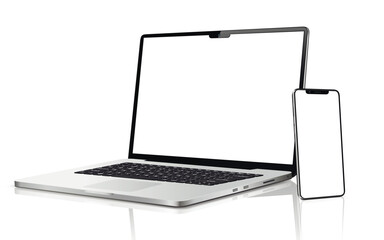 Laptop, tablet and mobile phone. Flat lay detailed and realistic devices mockup