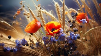 Fototapeta premium Wildflowers, poppies at sunrise