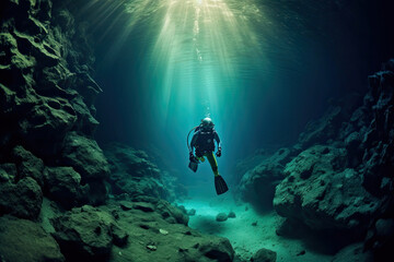Naklejka na ściany i meble Exploring the Mysterious Underwater Realm. Generative AI