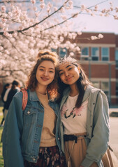 Fototapeta premium Two young female friends embrace on a college campus, radiating friendship and diversity. University students. Vibrant snapshot of youthful connection and shared experiences. Ai lifestyle illustration