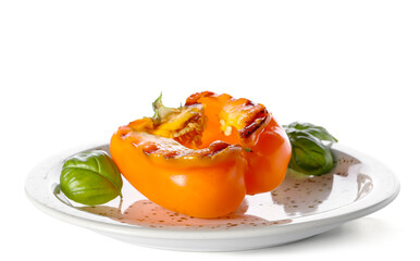 Plate with tasty grilled bell pepper isolated on white background