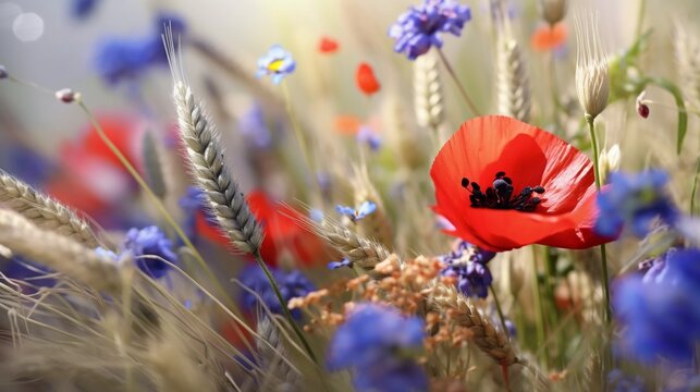 Wildflowers, poppies at sunrise