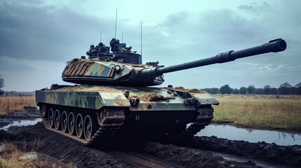 Tank on the beach. AI generated art illustration.