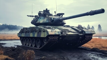 Tank on the beach. AI generated art illustration.