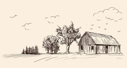 Countryside landscape with wooden barn. Fast pencil hand sketch on a beige background.