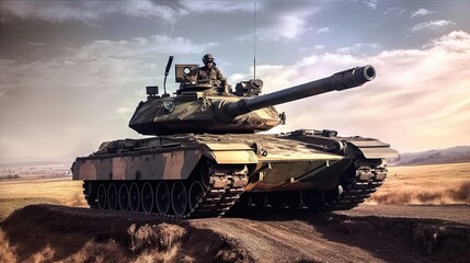 Tank on the beach. AI generated art illustration.