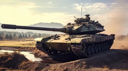 Tank on the beach. AI generated art illustration.