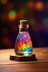 Photographic of a crystal potion containing a rainbow multicolored vibrant mystical liquid on a wooden table. AI generative