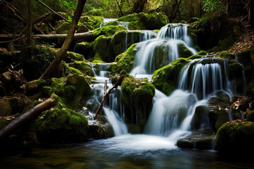 Fototapeta na wymiar Capturing Nature's Elegance: The Fluid Dance of a Waterfall. Generative AI