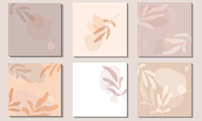 Tropical leaves and abstract shapes. A set of square backgrounds in shades of beige, muted brown and lilac.